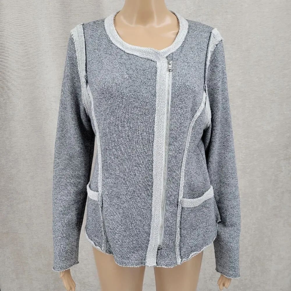 ii Sisters Gray Asymmetrical Full Zip Cardigan Sweater Jacket Cotton Terry Knit